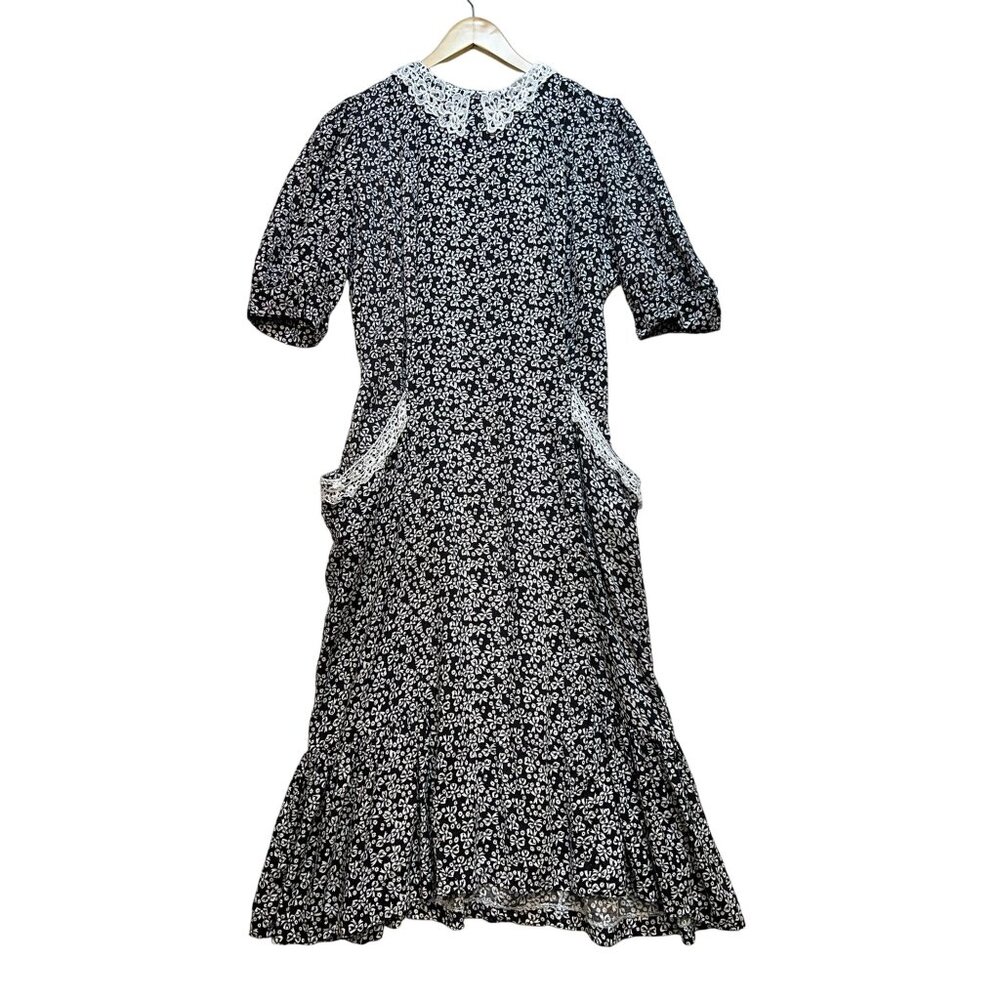 Vintage Panama Jill Women Floral Maxi Dress Size 11 Black Lace Collar Boho Retro